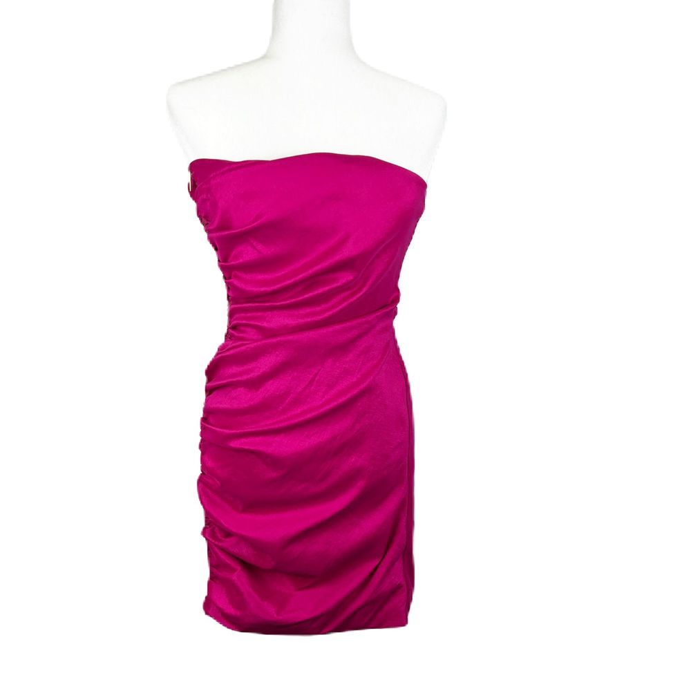 Calvin Klein Dress Women 10 Pink Strapless Shiny Satin Ruched Side Zip Barbie